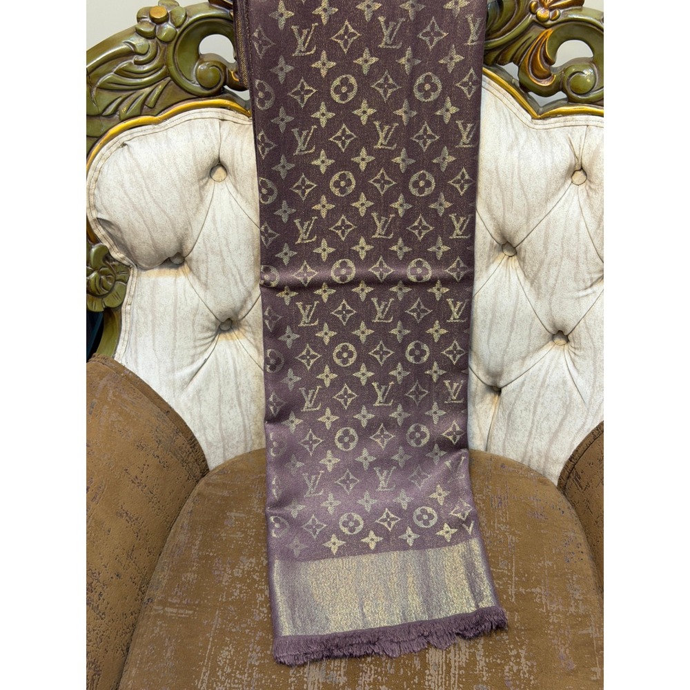 Louis Vuitton Monogram Shine Shawl Plum Purple Silk Wool Metallic Scarf Italy